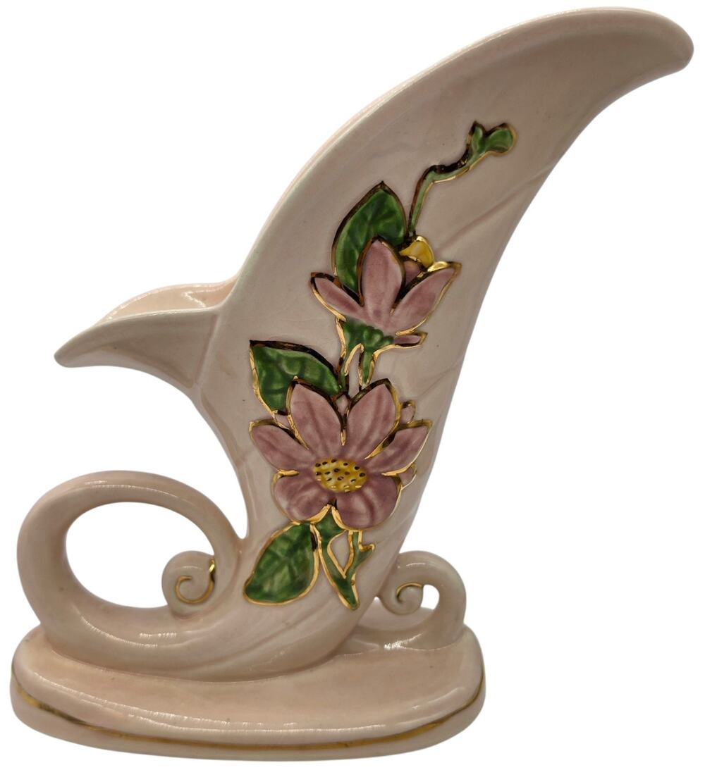 Vintage 1940s Hull Art Pottery: Pink Magnolia Cornucopia Planter Vase H-10-81/2